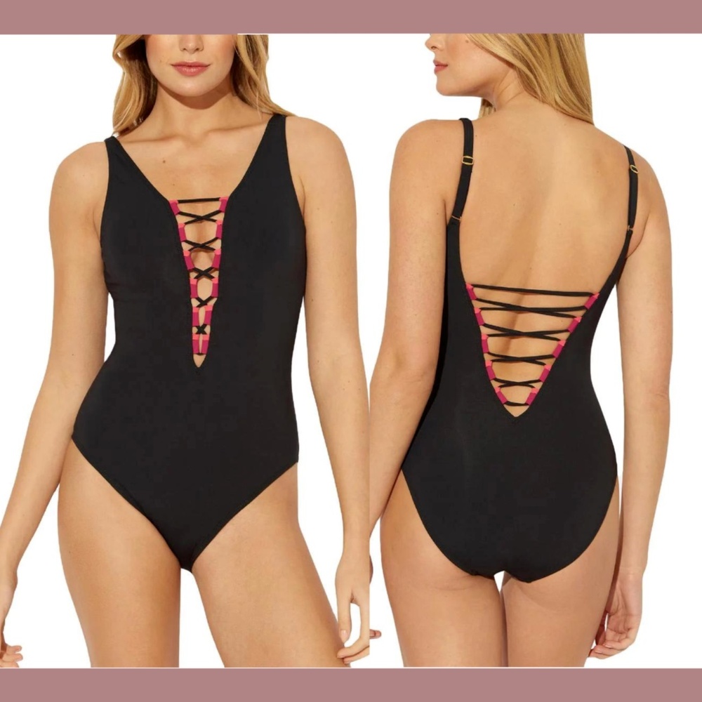 NWT $125 Bleu by Rod Beattie [ 10 ] Lace Up‎ One Piece Swimsuit Black Pink